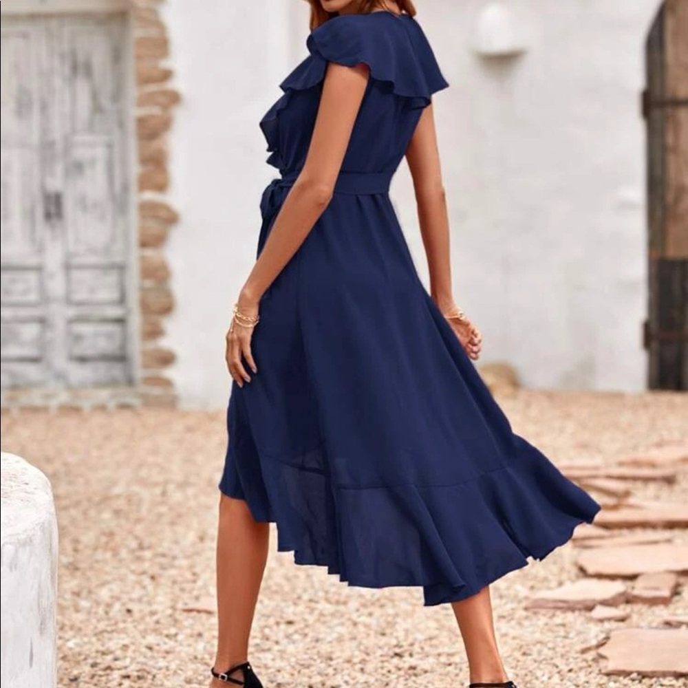 Boho burgundy butterfly sleeve blue ruffle hem belted wrap dress - Picture 9 of 16